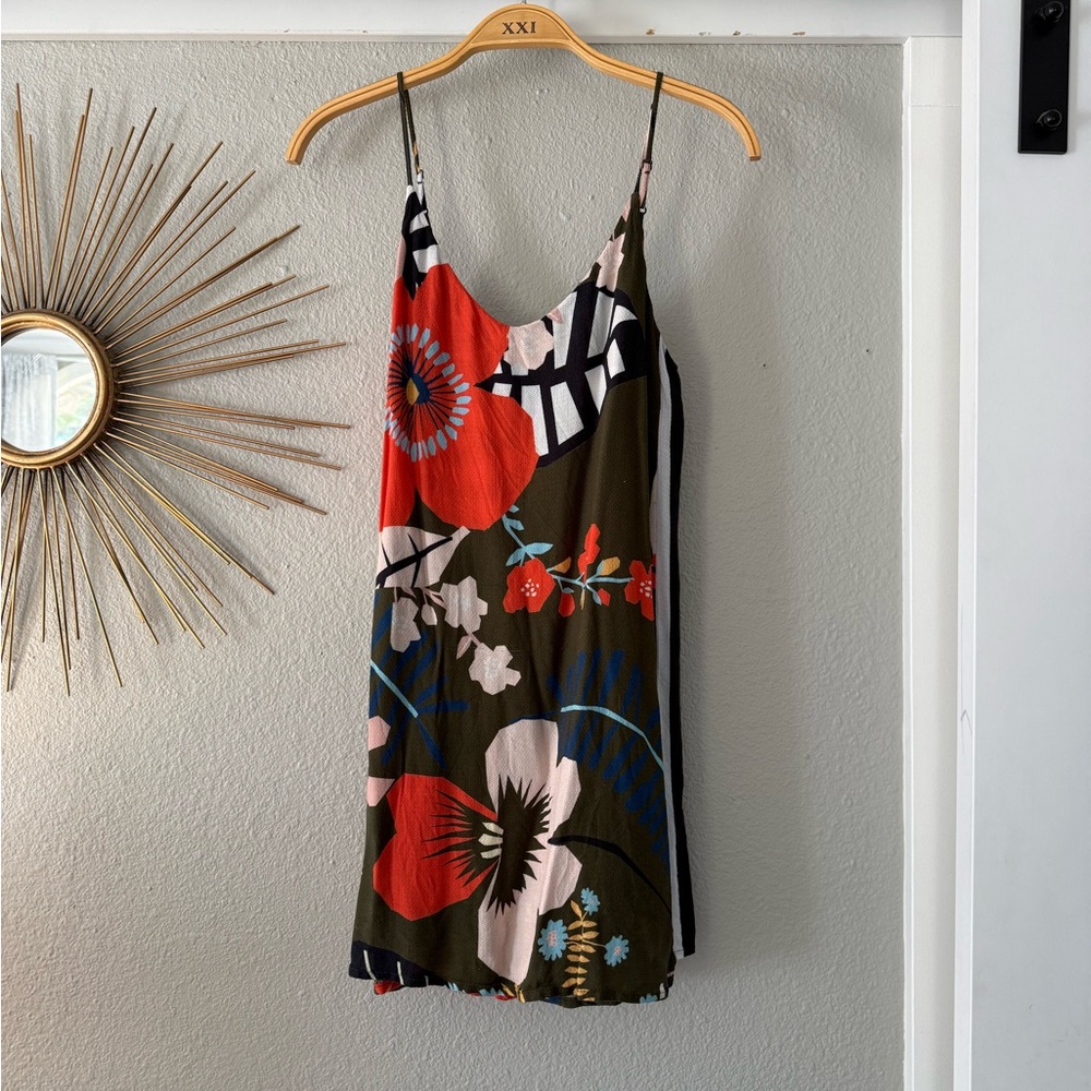 FARM Rio Olive Floral Mini Dress with Red, Pink & Blue Accents